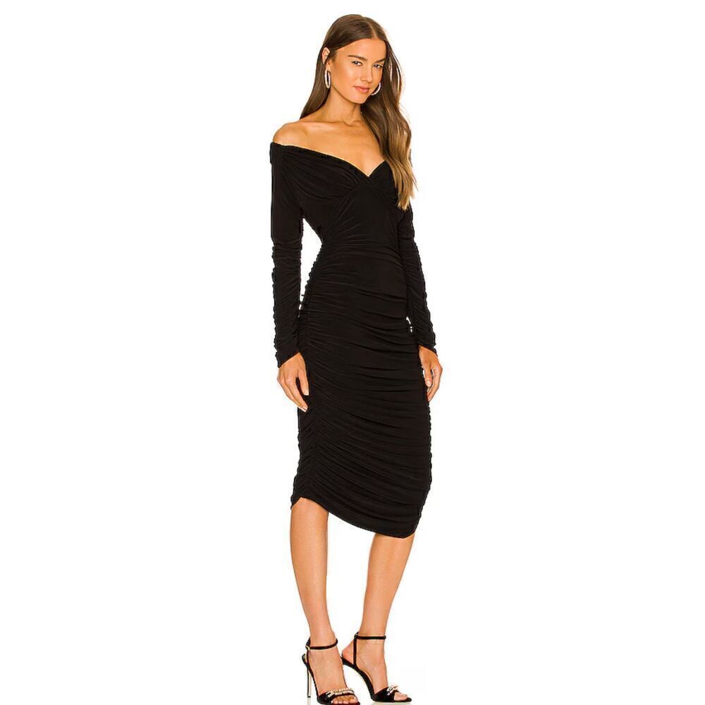 NEW Norma Kamali Tara Black Long Sleeve Dress Deep V Ruched Midi Dress - Picture 4 of 10